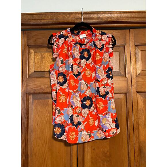 Hailey & Co Women's Floral Print Ruffle Neck Blouse Sleeveless Red Multi Size S - Picture 2 of 10